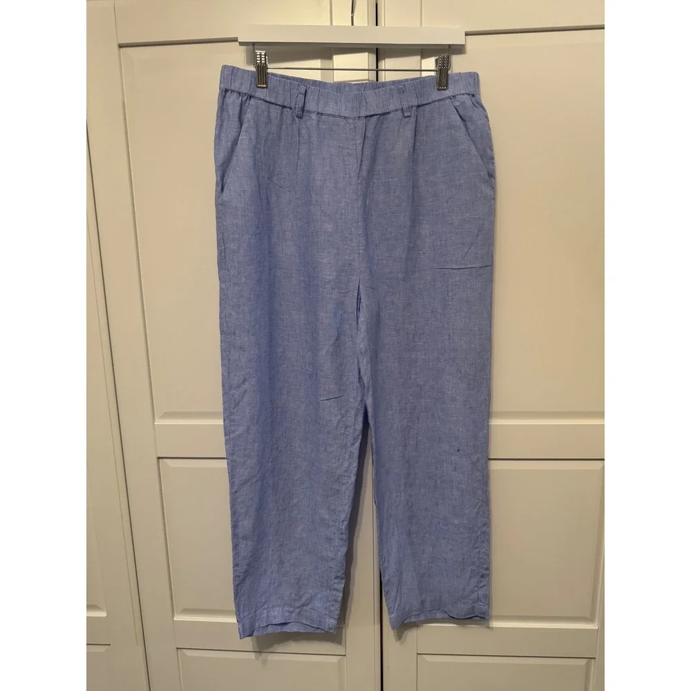 Quince 100% European Linen Pants French Blue Straight Leg Elastic Waist Large